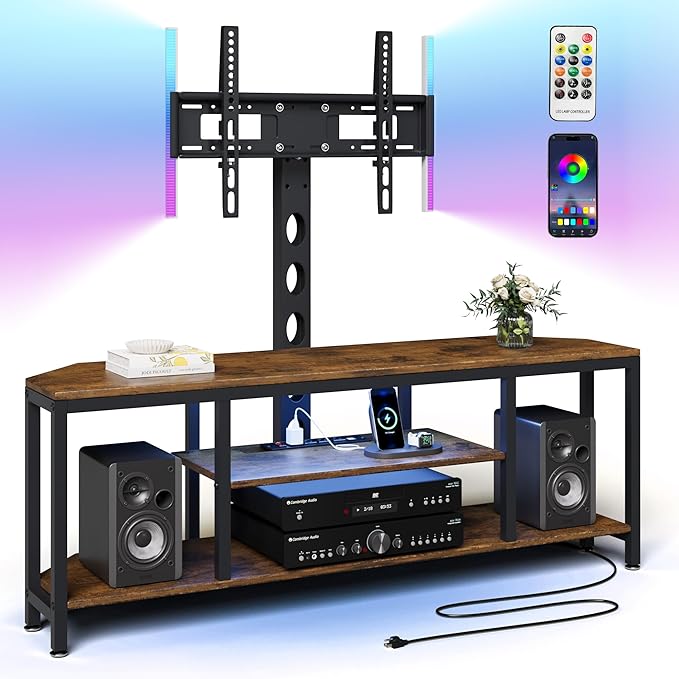 Corner TV Stand with Mount LED - Universal TV Mount Stand for 32-65" TV, Height Adjustable Swivel TV Console Wood & Steel Entertainment Center with Mount, Cabinet, Power Outlet, Colorful Light (Brown)