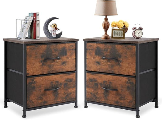 DUMOS Nightstand Small Dresser with 2 Fabric Drawers Side Tables Bedroom End Table Kids Bedside Storage Furniture for 20 inch Tall Night Stand for Closet, Entryway, College Dorm, Rustic Brown 2 Pack