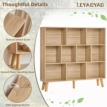 LEYAOYAO 10 Cube Bookshelf,3 Tier Modern Wide Bookcase with Legs,Mid-Century Wood Bookshelves Storage，Light Wood Large Book Case,Freestanding Organizer Display Shelf for Bedroom,Living Room,Office