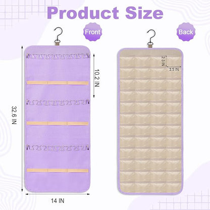 Dynoro Double-Sided Hanging Jewelry Organizer, Lavender Storage Roll for Earrings, Necklaces, Rings, 48 Pockets 21 Hooks, Durable Oxford Fabric for Closet, Wall, Door, 1 piece, Jewelry Not Included