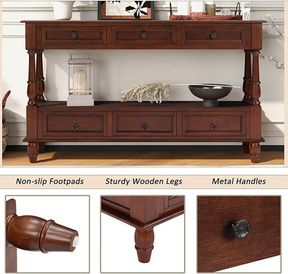 KEIKI 54”L Pine Solid Wood Entryway Console Table with 6 Storage Drawers, Vintage Behind Couch Sofa Table with 2 Tiers Open Shelf for Hallway, Entrance, Entry Way, Living Room, Foyer