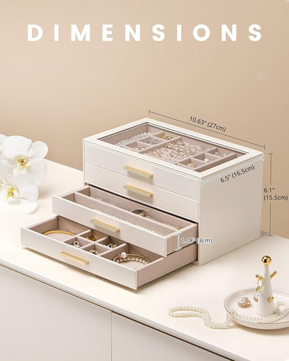 Lolalet Jewelry Box Organizer, 4-Layer Jewelry Organizers and Storage Case with Glass Lid, Ring Earring Bracelet Necklace Holder Organizer, Birthday Valentine Gifts for Women Girls -4Layer, Beige