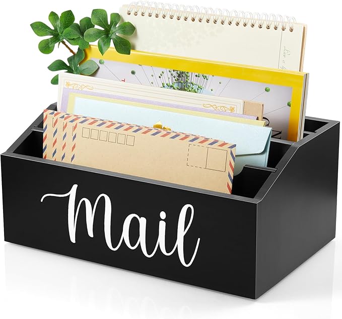 DRASTAR Mail Organizer Countertop, Mail Holder with 4 Slots, Wood Mail Sorter, Bill Organizer for Desk, Mail Storage Organizer for Home Office