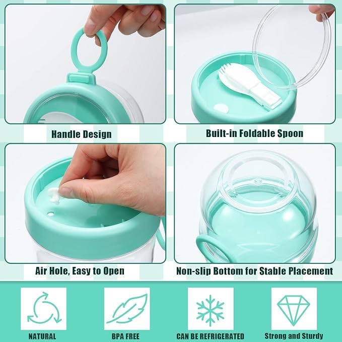 Gerrii 4 Pcs Overnight Oats Container with Lids and Spoons, 20 oz Plastic Overnight Oats Jars Large Capacity Airtight Yogurt Container for Milk, Fruit, Cereal and Salad Storage (Cyan)