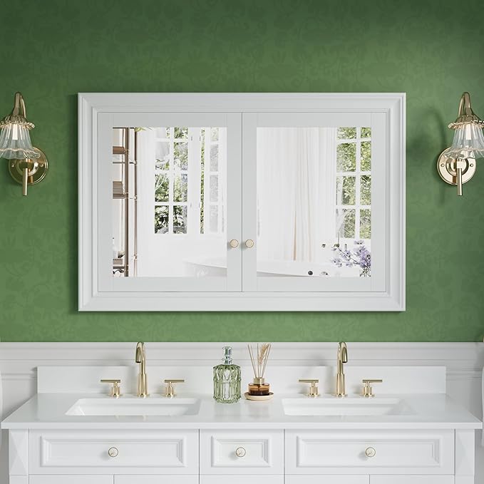 WELLFOR 48"x 32" Bathroom Medicine Cabinet with Dual Mirrors, Recessed Wood Medicine Cabinet with 6-Tier Adjustable Glass Shelves and Soft-Close Door