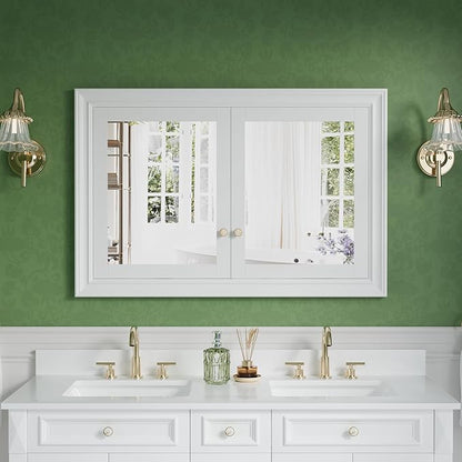 WELLFOR 48"x 32" Bathroom Medicine Cabinet with Dual Mirrors, Recessed Wood Medicine Cabinet with 6-Tier Adjustable Glass Shelves and Soft-Close Door