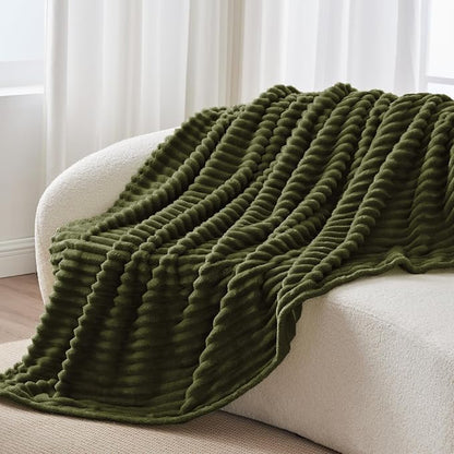 BEDELITE Fleece Throw Blanket for Couch - 300GSM Soft & Warm Fluffy Olive Green Blanket, Decorative and Giftable Striped Blankets for Women, Men, 50"x60"