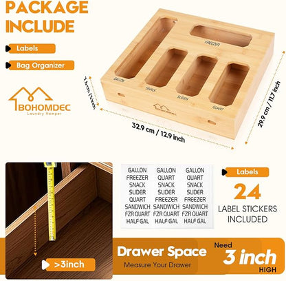 Bamboo Ziplock Bag Organizer for Kitchen Drawer, Food Storage Baggie Holder with 24 Label Stickers, Fits Gallon Quart Sandwich Snack Freezer & Slider Bags, No Assembly, Wall Mount or Drawer