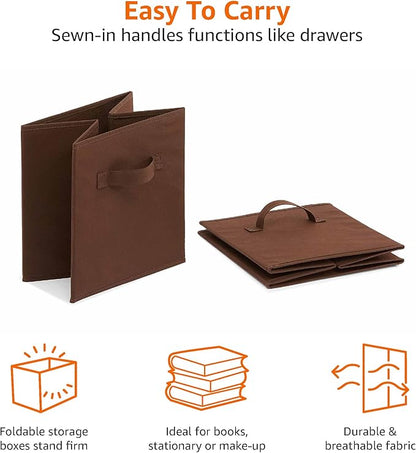 Amazon Basics Cube Organizer Storage Bins Handles, Collapsible Fabric, Pack of 6, 10.5"x10.5"x11", Brown