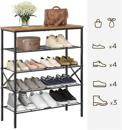 YATINEY 5-Tier Shoe Rack, Shoe Storage for Entryway and Closet, Free Standing Shoe Organizer with Metal Mesh Shelves, 16-20 Pairs of Shoes, Rustic Brown and Black SS05BR