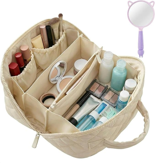 Illuminate Makeup Bag Organizer for Women Large Capacity Travel Toiletry Bag Wide Open Lay-Flat Cosmetic Bags Puffy Makeup Case with Compartments Waterproof Pouch for Toiletries & Brushes (Beige)
