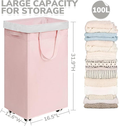 CHICVITA 100L Slim Laundry Hamper with Wheels, Collapsible Rolling Laundry Basket for Living Room, Pink Laundry Hamper for College Dorm