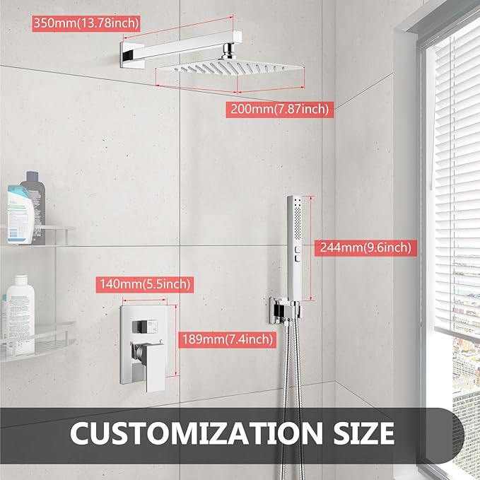 Shower Faucet Set Rainfall Shower System with Square Showerhead and Handle Set Fixture with 2 in 1 Function Handheld Sprayer Wall Mounted Trim Repair Kit Rough-in Valve 8 Inch Polish Chrome