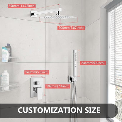 Shower Faucet Set Rainfall Shower System with Square Showerhead and Handle Set Fixture with 2 in 1 Function Handheld Sprayer Wall Mounted Trim Repair Kit Rough-in Valve 8 Inch Polish Chrome