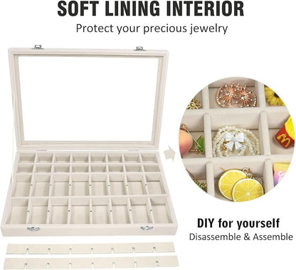 Vicoter Velvet Jewelry Tray 48 Compartments Jewelry Display Organizer with Transparent Cover Rings, Earrings, Necklaces, Pendants Storage Box for Girls, Wives, Mothers, Women