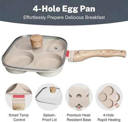 4‑Cup Nonstick Egg Pan Set with Lid – Aluminum Omelette Skillet for Breakfast, Includes Silicone Scraper, Oil Brush, Chopsticks & Cleaning Cloth – Compatible with Gas & Induction Cooktops (White)