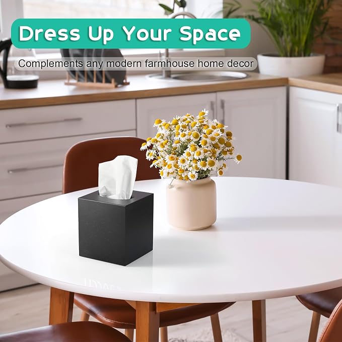 ALELION Wooden Tissue Box Cover Square - Large Black Tissue Box Holder for Tabletop Night Stands Bathroom Office - Decorative Facial Cube Tissue Box Cover