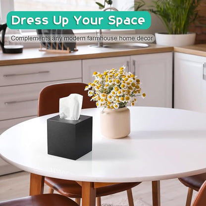 ALELION Wooden Tissue Box Cover Square - Large Black Tissue Box Holder for Tabletop Night Stands Bathroom Office - Decorative Facial Cube Tissue Box Cover
