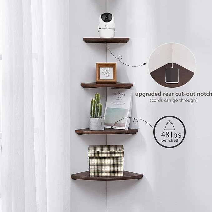 Conamily Corner Shelves, Floating Corner Shelf, Set of 2 Solid Oak Wood Wall Shelves, Round End Wall Mount with Wire Hole Shelving for Small Plant for Bedroom Kitchen, Living Room Walnut 8.7”