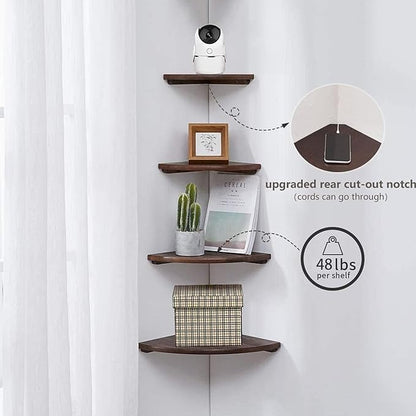 Conamily Corner Shelves, Floating Corner Shelf, Set of 2 Solid Oak Wood Wall Shelves, Round End Wall Mount with Wire Hole Shelving for Small Plant for Bedroom Kitchen, Living Room Walnut 8.7”