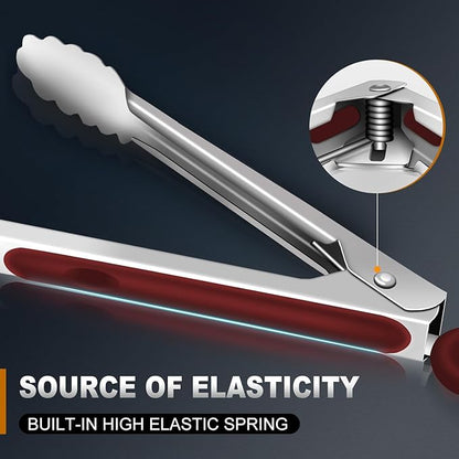 Eddeas Tongs For Cooking - 7",9" and 12 inch Kitchen Tong Heat Resistant 600 Degrees Stainless Steel Tongs, Heavy Duty Metal Locking Tong, Perfect for Food, BBQ Red Set of 3
