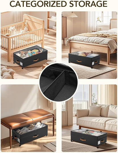 Under Bed Storage with Wheels, 10 inches Under Bed Storage Containers, 65L XXL Large Adjustable Underbed with Lids, Rolling Underbed Storage bins for Shoes, Clothes, Blankets, Black