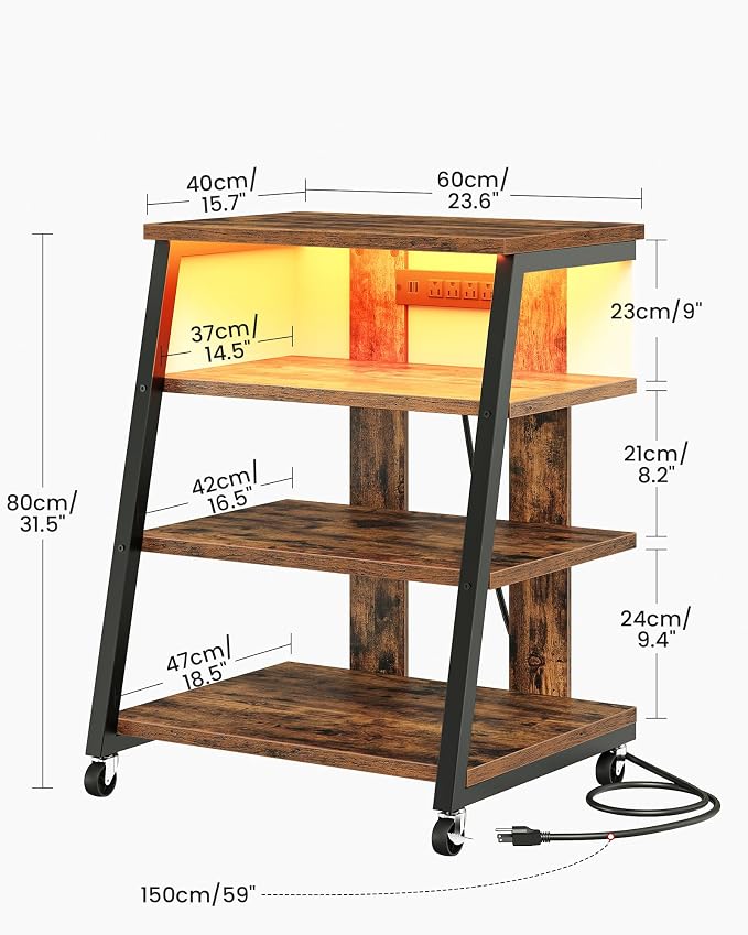 CHOEZON 4-Tier AV Media Stand with Wheels, Stereo Stands, Media Console Shelf with Power Strips, LED Lights, Wooden Audio Cabinet Rack Tower, Rustic Brown and Black TCJ60UDBF