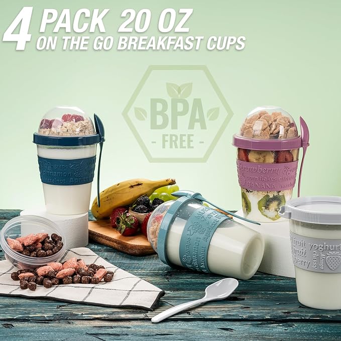 5 Pack On The Go Cereal Yogurt Cups with Lids and Spoon, Overnight Oats Container, Reusable Parfait Plastic Milk Jar Breakfast Crunch Granola Oatmeal Smoothie Snack Prep Bowl