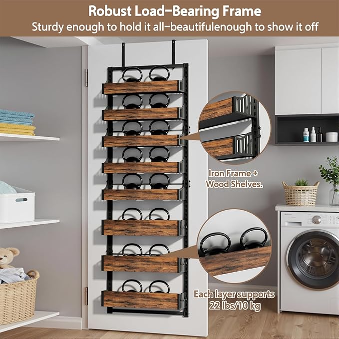 Over the Door Pantry Organizer: Pantry Organization and Storage with Hanging Basket - 8-Tier Adjustable Shelves Metal Spice Rack for Kitchen Laundry Room Bedroom & Bathroom