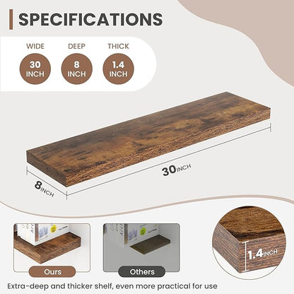 Acovy 30 Inch Floating Shelves, 8 Inch Deep Floating Shelves for Wall, Hanging Shelf with Invisible Brackets, Deep Shelves for Bathroom, Bedroom, Living Room, Brown, Set of 2