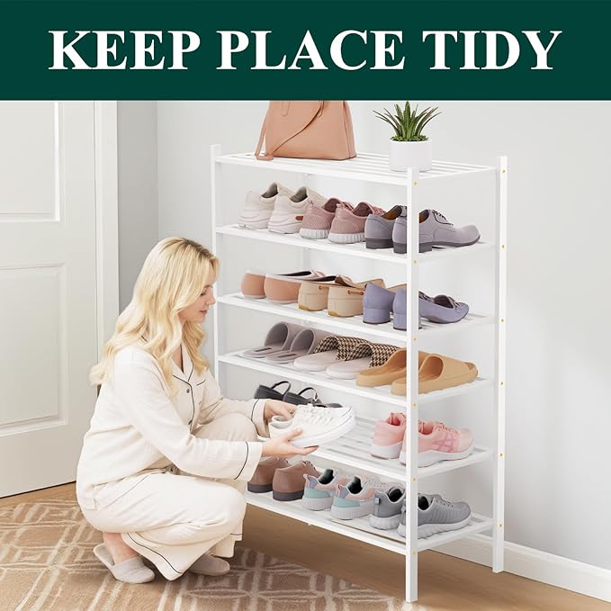 Smiry Bamboo Shoe Rack 6-Tier, Stackable Wooden Shoe Organizer for Entryway & Closet, Free Standing Wood Shoe Storage Shelf for Front Door & Small Spaces, White