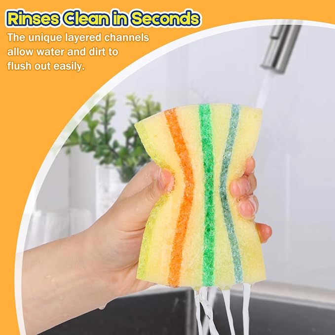 LAUNDRYLUX 12 Pack Scrub Sponge - Temperature-Responsive - 50% More Power & Rinses Cleaner Cleaning Sponges, Multipurpose Dish Sponges for Kitchens, Bathrooms, and Outdoor Use - Patent Pending
