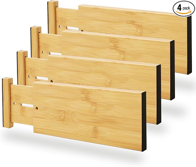 BAMEOS 4" High Bamboo Drawer Dividers - Adjustable Small Drawer Organizer - Kitchen, Dresser, Bathroom, Bedroom & Office - 4-pack