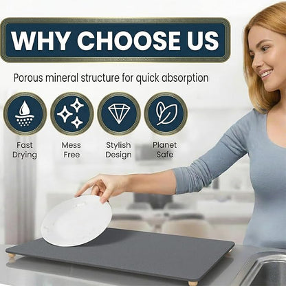 Stone Drying Mat for Kitchen Counter with 5 Wooden Feet, 19.7"×14.7" Diatomaceous Earth Dish Drying Mat, Elevated Drying Stone Mat for Modern Kitchen Countertop (Dark Gray, Standard-Solid)