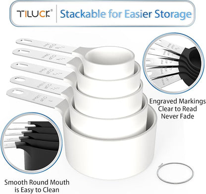 TILUCK Measuring Cups & Spoons Set, Stackable Cups and Spoons, Nesting Measure Cups with Stainless Steel Handle, Kitchen Gadgets for Cooking & Baking（white）