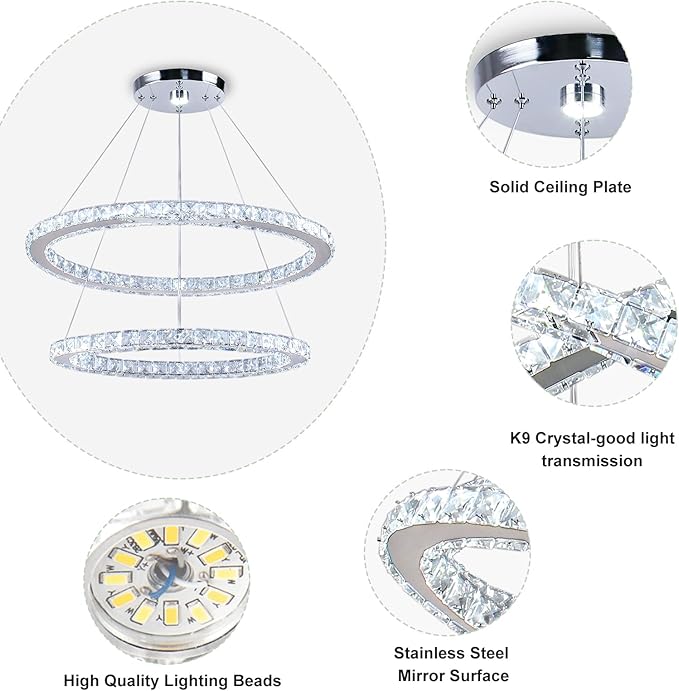 23.6'' Oval Crystal Chandelier, 2-Ring LED Pendant Island Light, 6500K Cool White Non-Dimmable Modern Ceiling Lighting for Kitchen Island Dining Room Living Room Bedroom