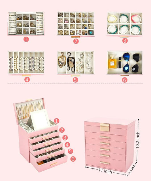 BOOVO Jewelry Boxes for Women, White and Black 6 Layer Large Jewelry Box for Necklace, Bracelet, Earrings, Rings Storage, Jewelry holder Organizer for Girls Gift (Pink, 6 layer)