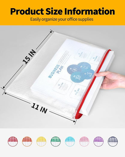 SUNEE Plastic Mesh Zipper Pouch 11x15 in (8 Colors, 24 Packs),Extra Large Water-Resistant Zip Bag for School Office Supplies, Puzzles & Games Organizing Storage