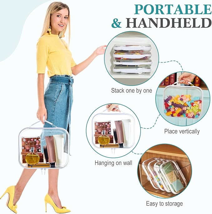 Sanwuta 4 Pcs Clear Hard Zipper Case with Handle Office Storage Cases Hard Plastic Pouches Transparent Bins for Crafts, Snacks, Cosmetics, Puzzles(9.8 x 7.9 x 2 Inches,White)