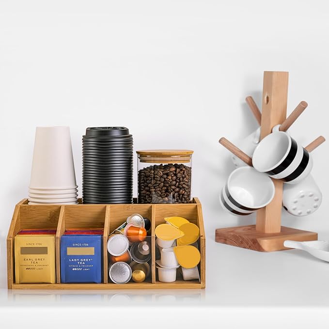 Bamboo Coffee Station Organizer for Countertop, Coffee Bar Accessories Organizer with 5 Compartments for Tea Bags Condiment, Pods, Creamer, Syrup, Cups
