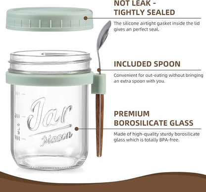 LANDNEOO 4 Pack Overnight Oats Containers with Lids and Spoons, 16 oz Glass Mason Jars with Airtight Lids, Overnight Oats Jars for Milk, Cereal, Fruit-Green