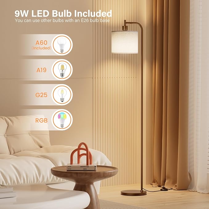 Floor Lamp with Linen Shade, Dimmable Tall Standing Lamp with Remote Control & 3 Color Temperatures, Modern Corner Floor Lamps for Living Room Bedroom Office, 9W LED Bulb Included