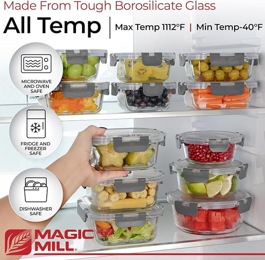 Magic Mill Premium Borosilicate Glass Food Storage Containers with lids Set | 24pc Sets with 12 Bowls & 12 Airtight Locking Lids for Lunch & Meal Prep, Safe for Oven, Freezer, Dishwasher, BPA-Free