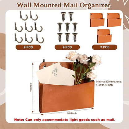 3 Pcs PU Leather Mail Holder Wall Mount Brown PU Leather Letter Holder Vintage Wall File Organizer 2 Ring Binder Hanging File Holder for Decor Storage Letter Postcards Bill Flowers Office Home