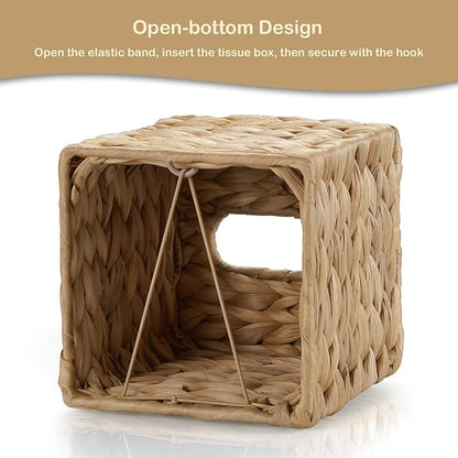 Tissue Box Cover Square, Water Hyacinth Hand-Woven Tissues Cube Box Holder, Woven Facial Tissue Holder for Bathroom Counter, Vanity, Bedroom, Office, Natural Boho Decorative