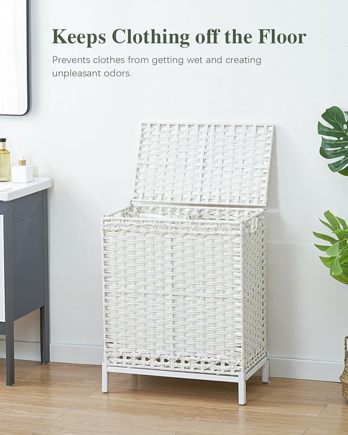 SETVSON Laundry Hamper with Lid,112 L Handwoven Rattan Wicker Laundry Basket, 2 Removable Liner Bags Metal Heightened Feet,6 Mesh Bags,2 Section Large Clothes Hamper for Bathroom Bedroom, Cloud White