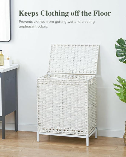 SETVSON Laundry Hamper with Lid,112 L Handwoven Rattan Wicker Laundry Basket, 2 Removable Liner Bags Metal Heightened Feet,6 Mesh Bags,2 Section Large Clothes Hamper for Bathroom Bedroom, Cloud White