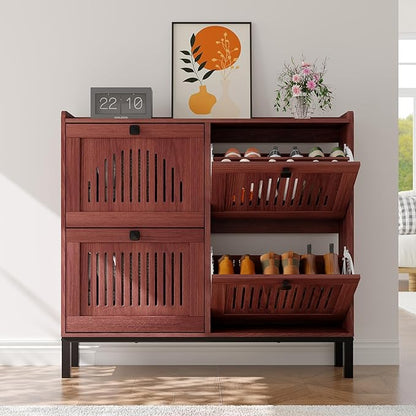 Garvee 4 Flip Drawer Shoe Cabinet with Adjustable Shelves, Hidden Shoe Organizer with Large Capacity, Freestanding Wooden Shoe Rack for Entryway, Hallway, Living Room, Walnut