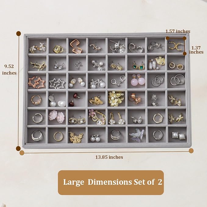 Large Velvet Jewelry Tray 2 Pack Stackable Jewelry Display Drawer Inserts Trays Organizer for Earring Bracelet Necklace Ring (Gray, 48 Grids)