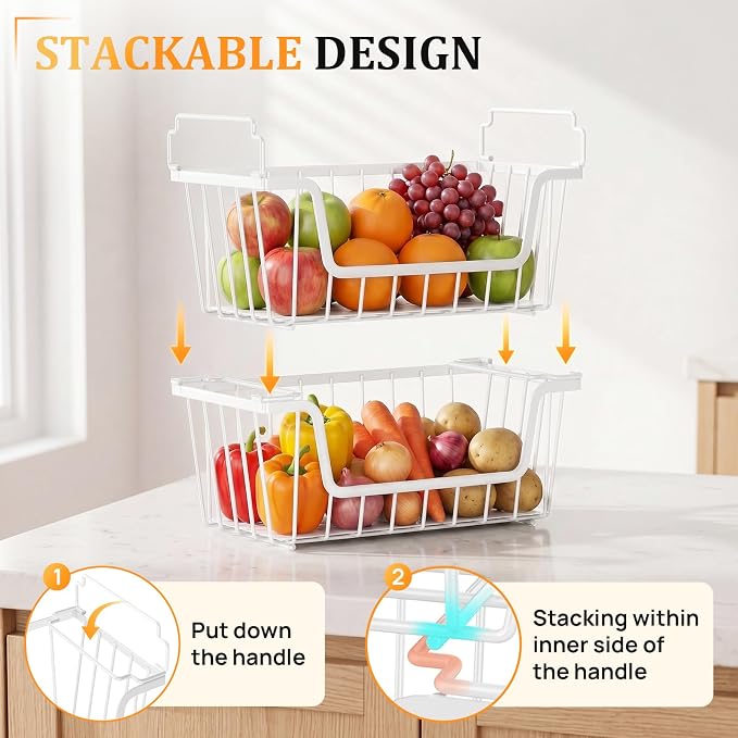 SUNALLY Stackable Storage Bins 6 Pcs Wire Baskets for Pantry Organizers and Storage, Vegetable Fruit Storage Basket for Countertop Organizer,Kitchen Storage Baskets for Onion Potato Snack,White